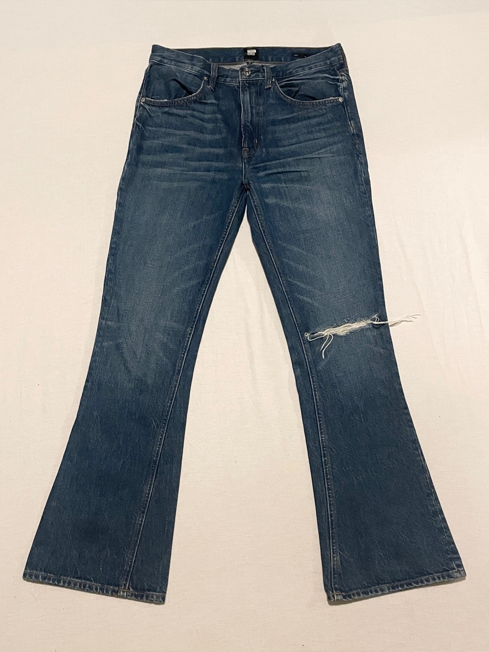 EDWIN Averi High Rise Flare Jeans in Pretender Blue Distressed Size 27